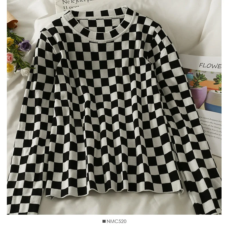 New Deals Contrast check crew neck loose and thin long sleeve sweater  1962