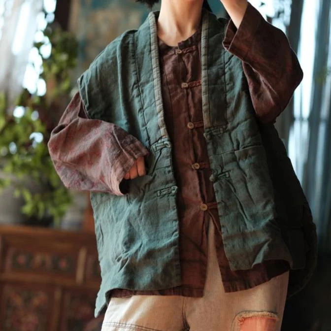 Instant Savings Women Green Distressed Color Block Padded Linen Vest