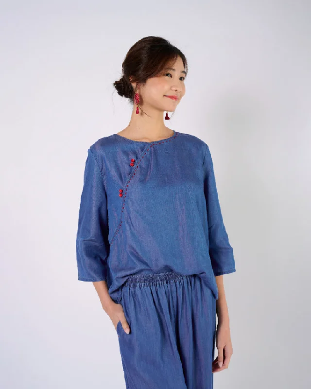 Weekend Savings Spree Indigo Blue Cheongsam Top