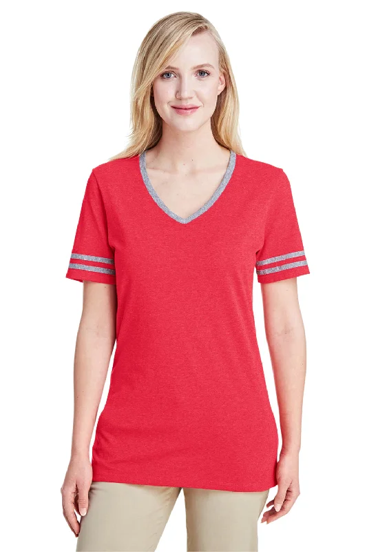 Weekend Discounts You Deserve Jerzees Womens Varsity Ringer Moisture Wicking Short Sleeve V-Neck T-Shirt - Heather Fiery Red/Oxford Grey - Closeout