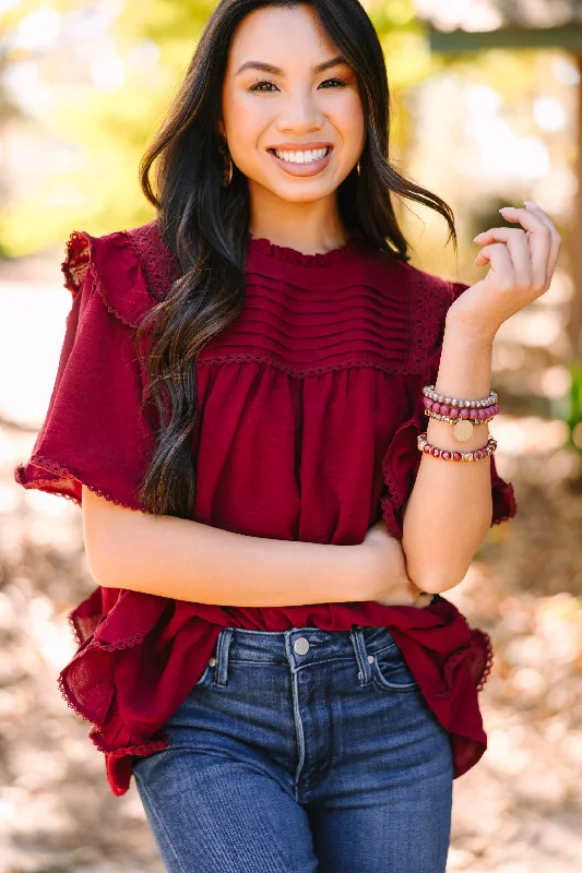 Savings Bonanza Step It Up Wine Red Ruffled Blouse