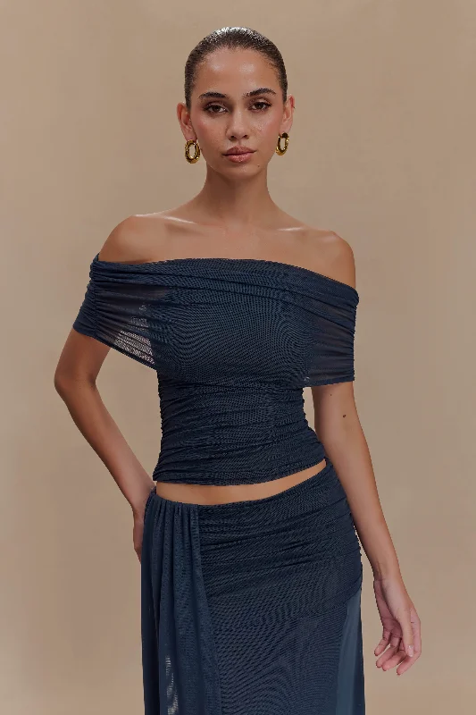 Unbeatable Prices Arna Off Shoulder Mesh Crop Top - Midnight Blue