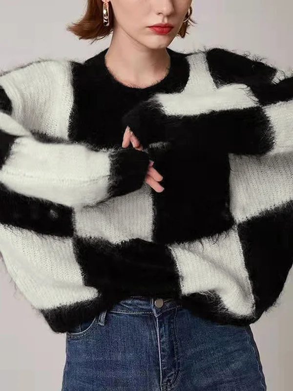 Fantastic Deals Check Colorblock Crew Trendy Neck Knit Sweater