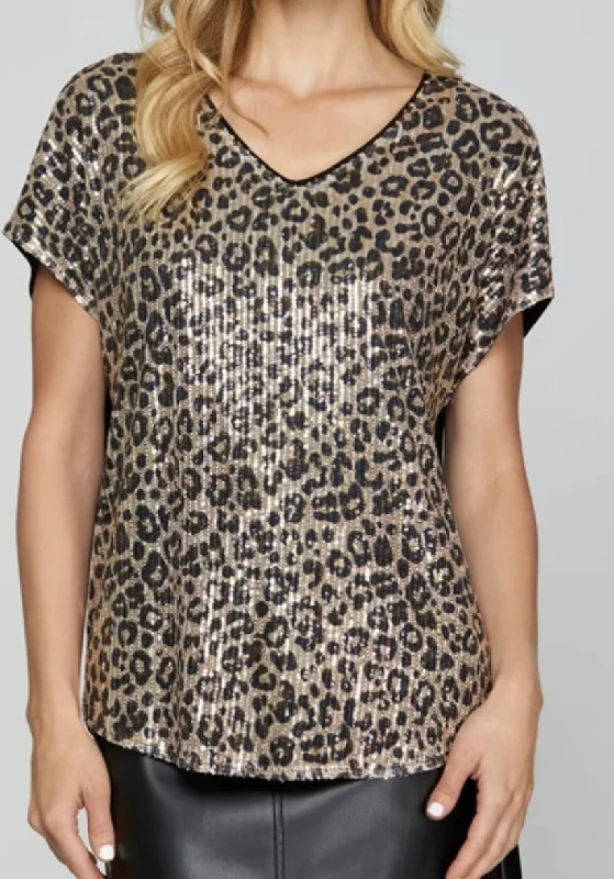 Doorbuster Deal Drop Shoulder Leopard Sequin Top