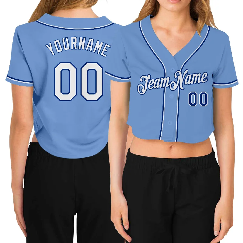 Weekend Offers That Shine Custom Women's Light Blue White-Royal V-Neck Cropped Baseball Jersey Weekend Offers That Shine Custom Women's Light Blue White-Royal V-Neck Cropped Baseball Jersey