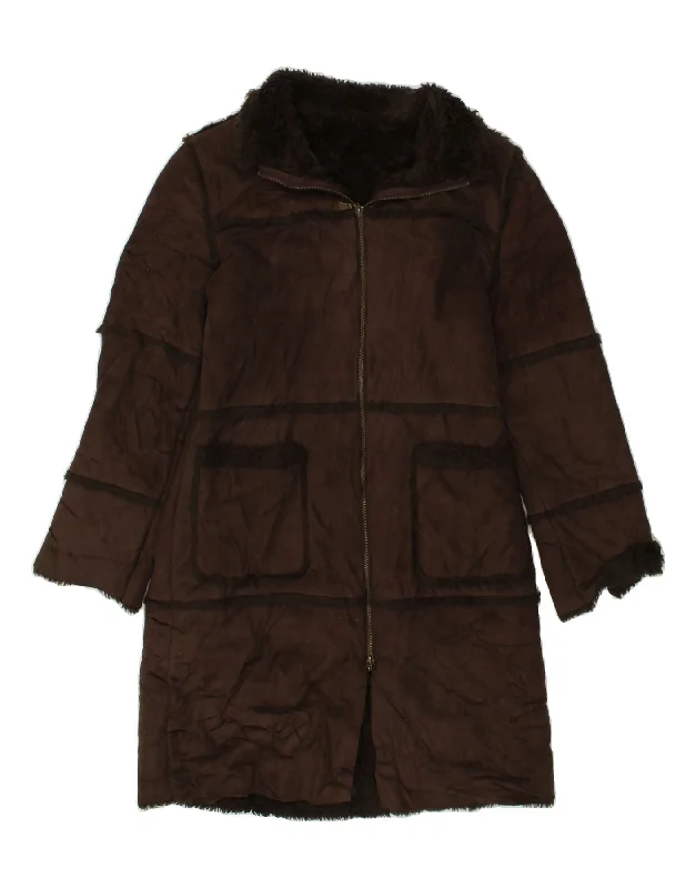 Shop and Save VINTAGE Womens Oversized Sherpa Overcoat UK 10 Small Brown Polyester