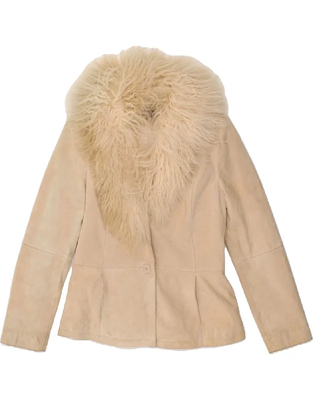 Savings Alert VINTAGE Womens Suede Jacket UK 12 Medium Beige Leather