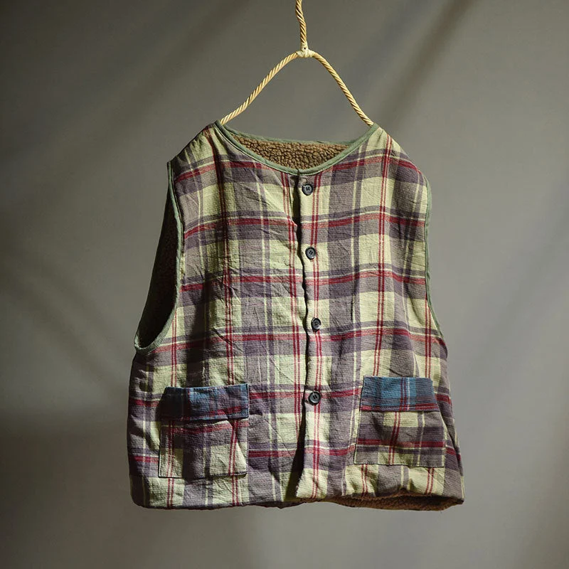 Act Now Retro Plaid Warm Lambswool-Lined Thick Padded Linen Vest