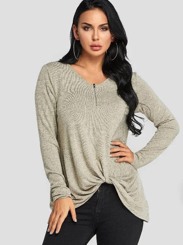 Weekend Deals That Impress Custom V-Neck Plain Zip Back Long Sleeve Apricot T-Shirts
