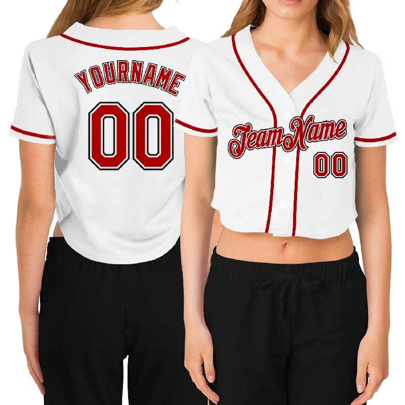 Your Weekend, Your Savings Custom Women's White Red-Black V-Neck Cropped Baseball Jersey