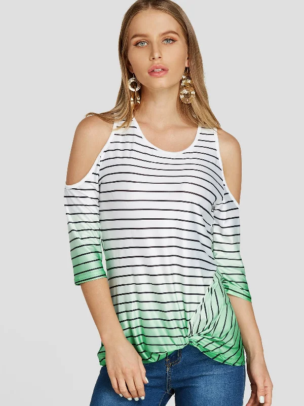 Midnight Sale Custom Cold Shoulder Stripe Twist 3/4 Sleeve T-Shirts