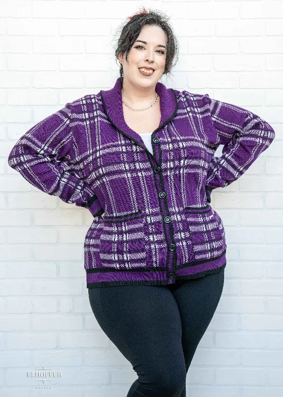 Weekend Savings Galore Essential Unisex Shawl Cardigan - Amethyst Tartan