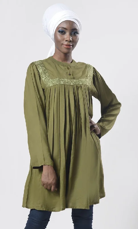 Special Offer Soft Olive Front Open Button With Aari Work Tunic