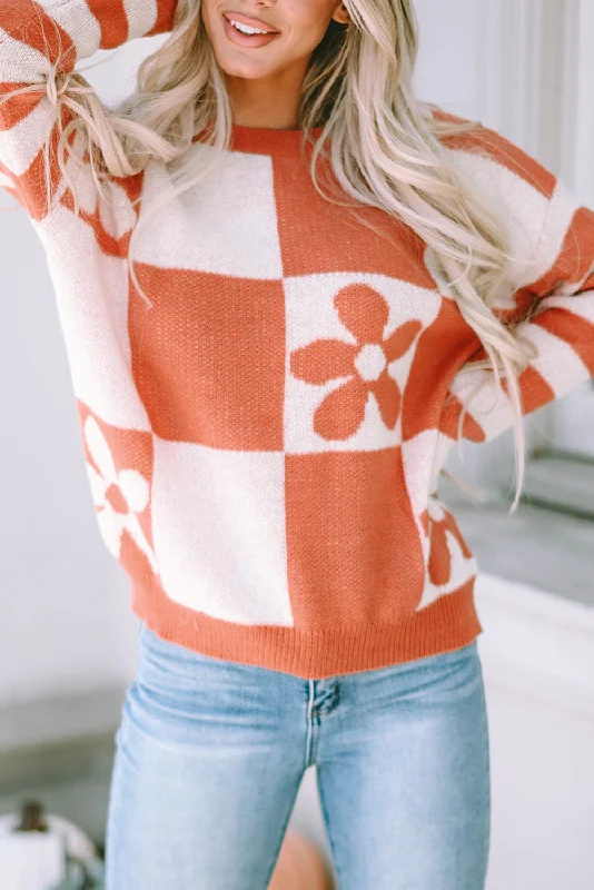 Deal Dash Checkered Floral Striped Sleeve Sweater