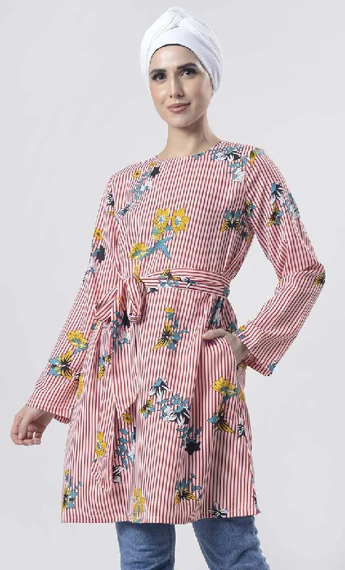 Limited Time Offer Pretty Red Striped With Floral Printed Tunic