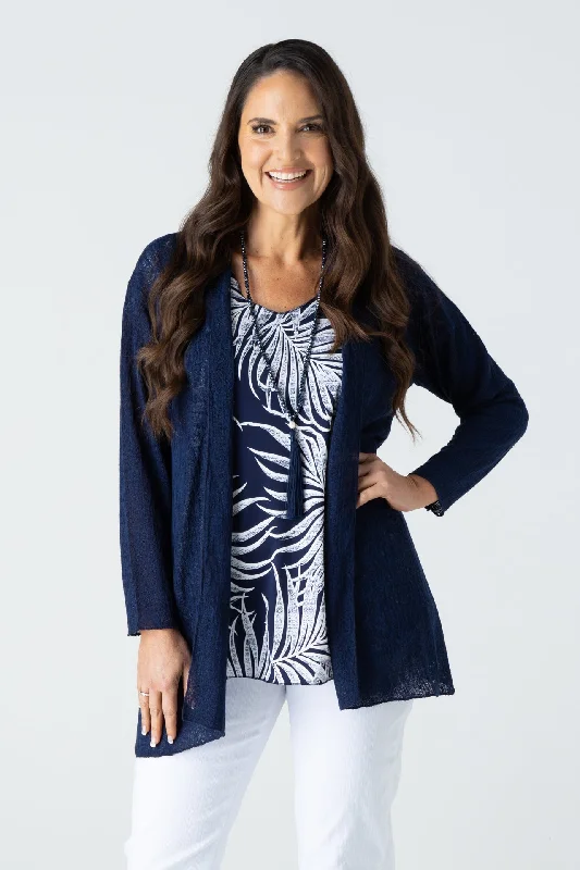 Hurry In Navy Poly Rayon Long Sleeve Cardigan