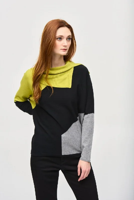 Price Rollback Joseph Ribkoff Wasabi/Black/Grey Melange Color Block Cowl Neck Long Sleeve Top 243941