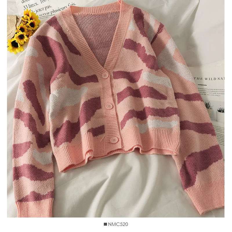 Super Savings New leopard print short single breasted long sleeved cardigan  1851