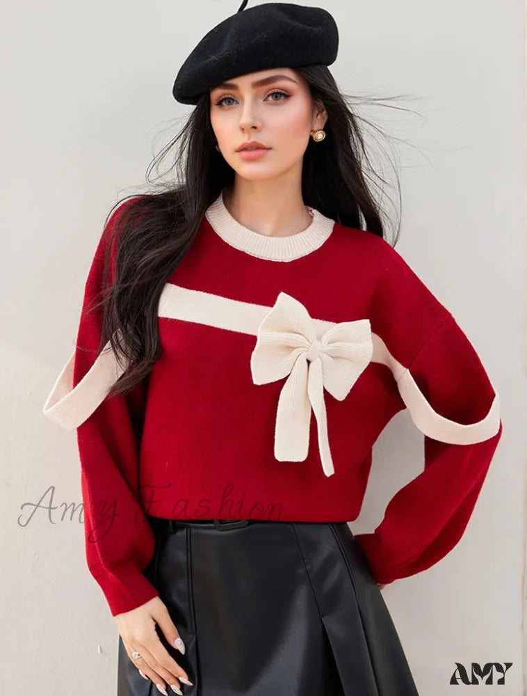 Anniversary Sale Red Bow Winter Patchwork Soft Long Sleeve Christmas Sweater