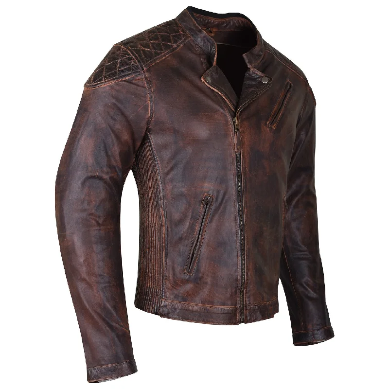 HMM521VB High Mileage Men's Vintage Brown Leather Jacket with Diamond Stitched Shoulders