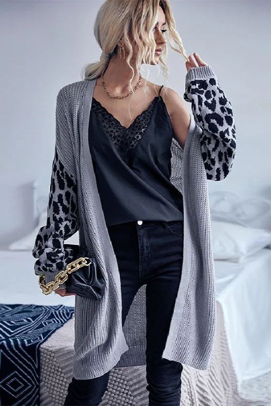 Weekend Specials to Grab Perfee Leopard Sleeves Waffle Knit Open Front Cardigan
