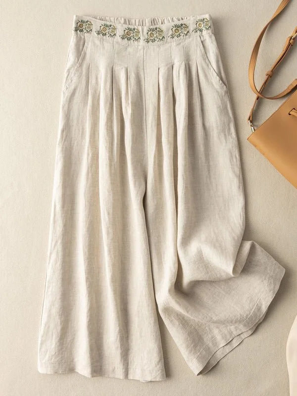 Weekend Discounts You Deserve Linen Embroidery Elastic Waist Loose Wide Leg Pants With Pockets
