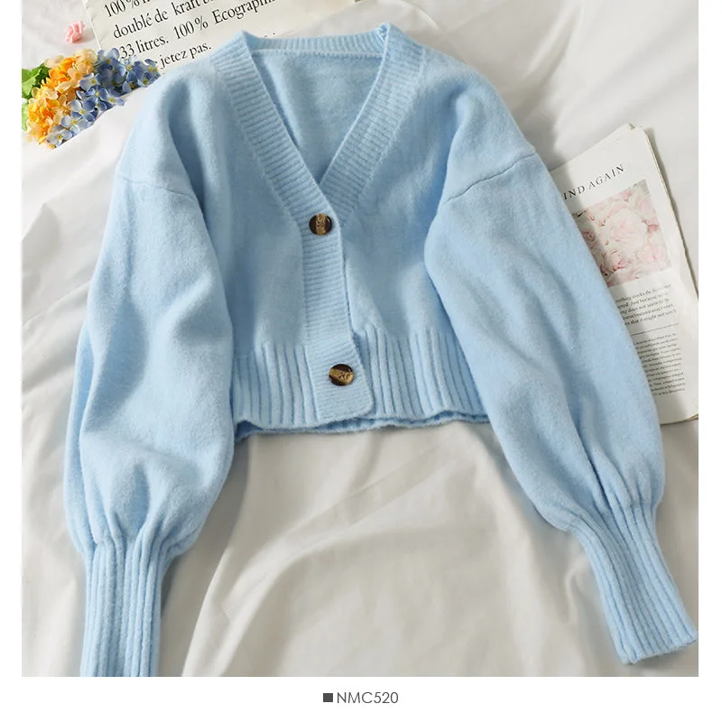 Savings Bonanza Sweater female small short two button long sleeve sweater  1880