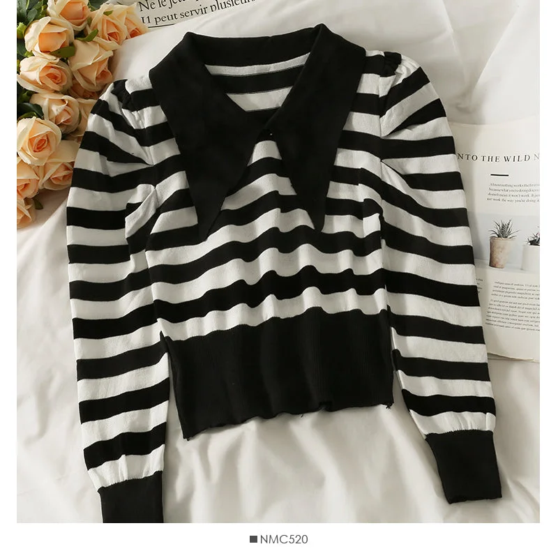 Grand Opening Sale Niche short versatile stripe slim Lapel T-shirt  1887