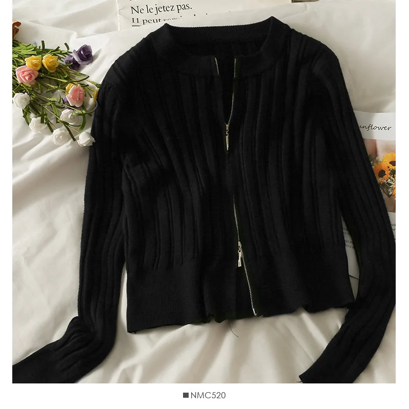 Extra Savings Slim vertical stripe crew neck short Zip Cardigan Sweater  1876