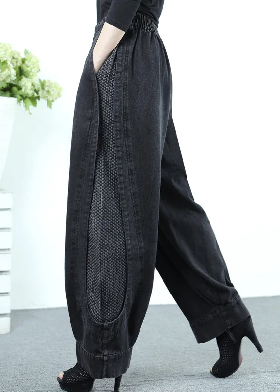 Flash Deal Loose Black Grey Patchwork Elastic Waist Denim Crop Pants Fall