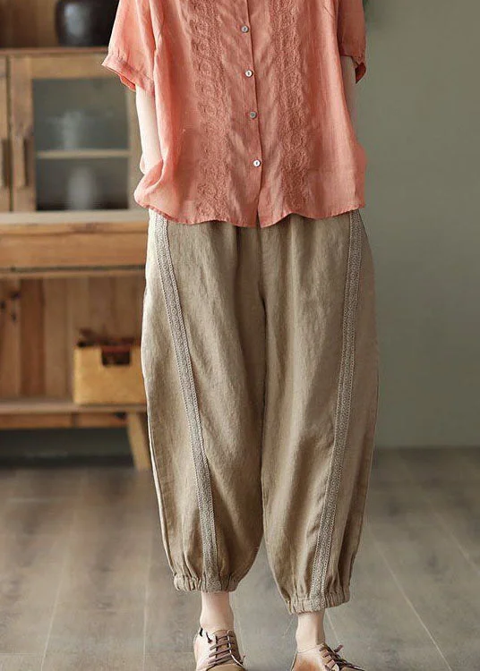 Weekend Discounts to Relish Khaki Hollow Out Patchwork Linen Harem Pants Summer