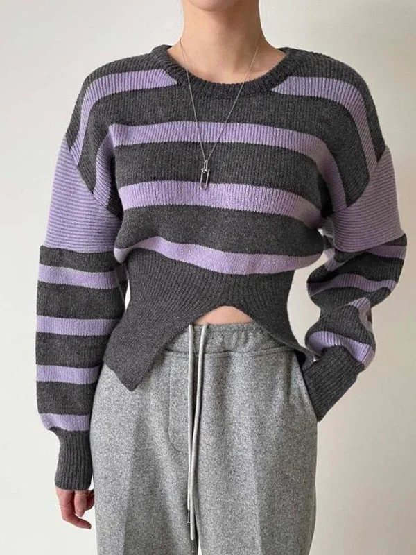 Overstock Stripe Asymmetric Graceful Notched Crop Sweater