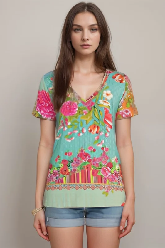 Price Slash Johnny Was Mona May Floral V Neck Short Sleeve Tee J12921A