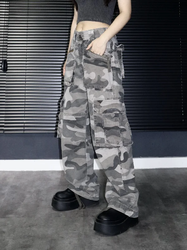 Reduced Prices 淡色拉鍊口袋迷彩直筒褲