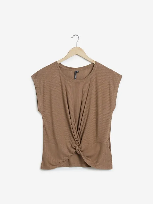Can't Beat LOV Dark Beige Knitted Demi Top