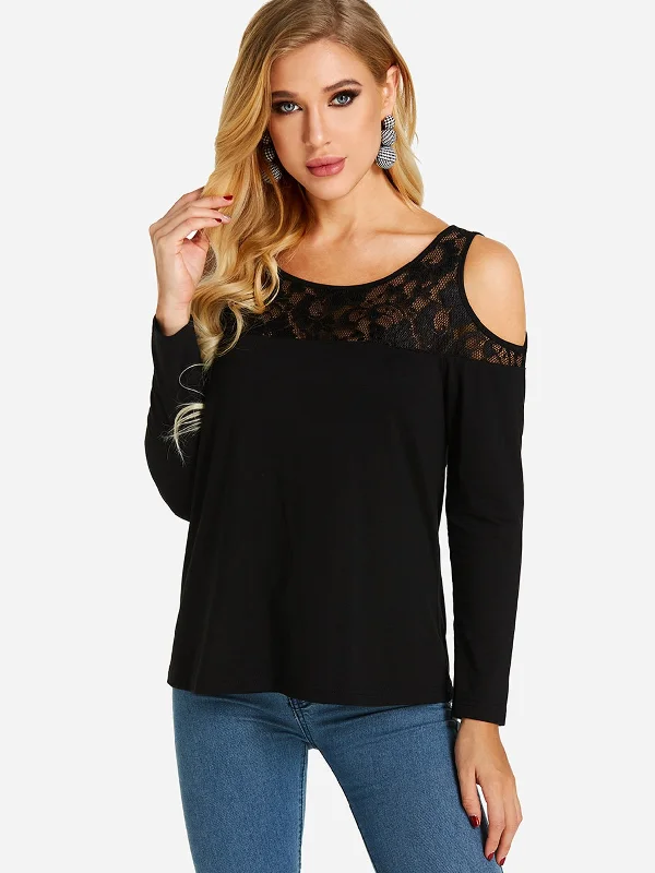 Must-Have Deals Custom Cold Shoulder Lace Long Sleeve Black T-Shirts