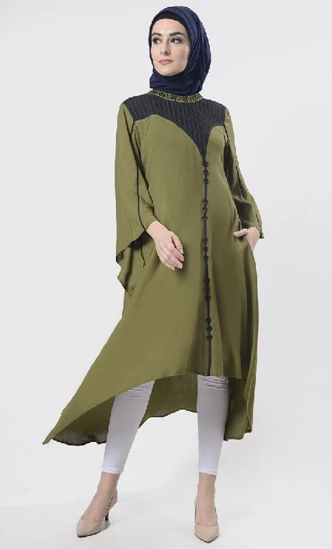 Price Drop Women Front Fancy Buttons Detailing With Black Piping And Pleats Tunic