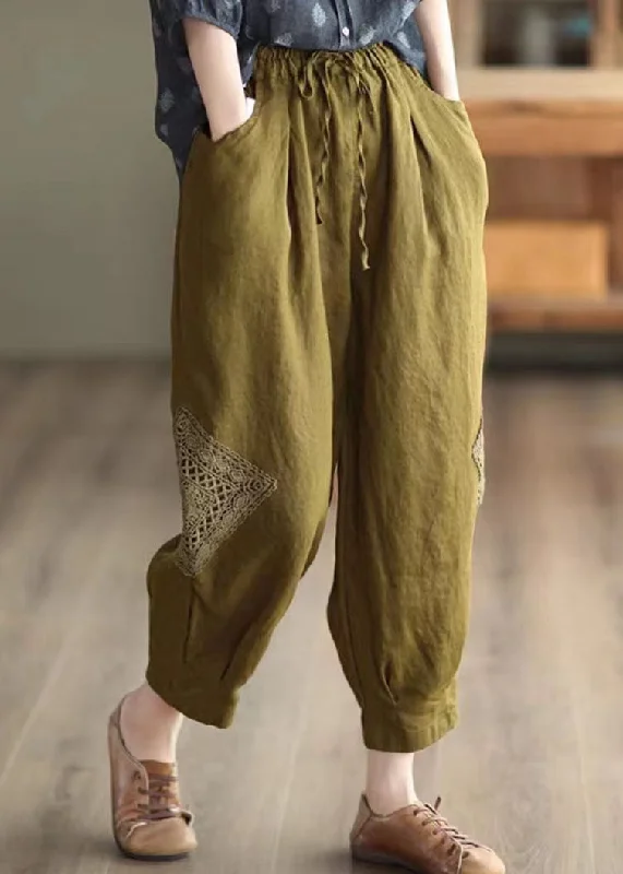 Weekend Discounts to Savor Khaki Lace Patchwork Linen Crop Pants Elastic Waist Solid Fall