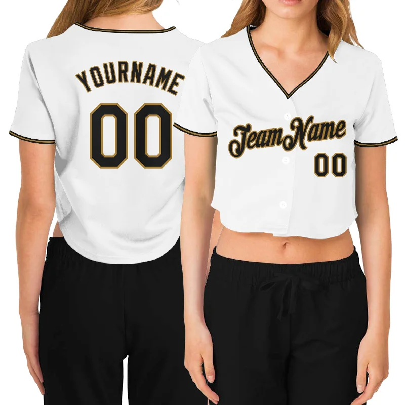 Weekend Shopping Made Better Custom Women's White Black-Old Gold V-Neck Cropped Baseball Jersey