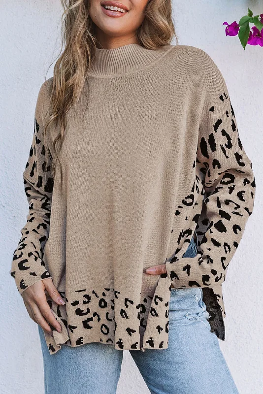 Price Reduction Leopard High Neck Side Slit Oversized Sweater