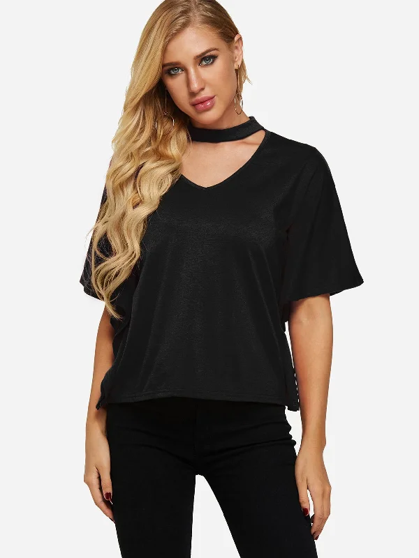 Super Sale OEM ODM Halter V-Neck Plain Cut Out Half Sleeve Black Top