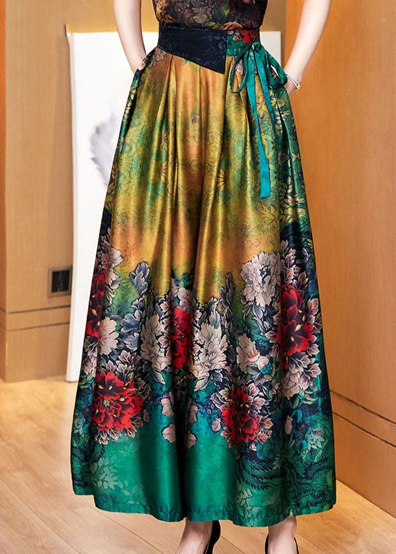 Buy Now Loose Green Tie Waist Tunic Pockets Floral Print Silk Wide Leg Pants Summer