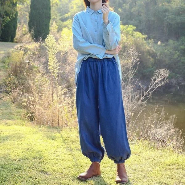 One-Day Only Loose Solid Color Vintage Linen Pants Ladies Elastic Waist Flax Trousers