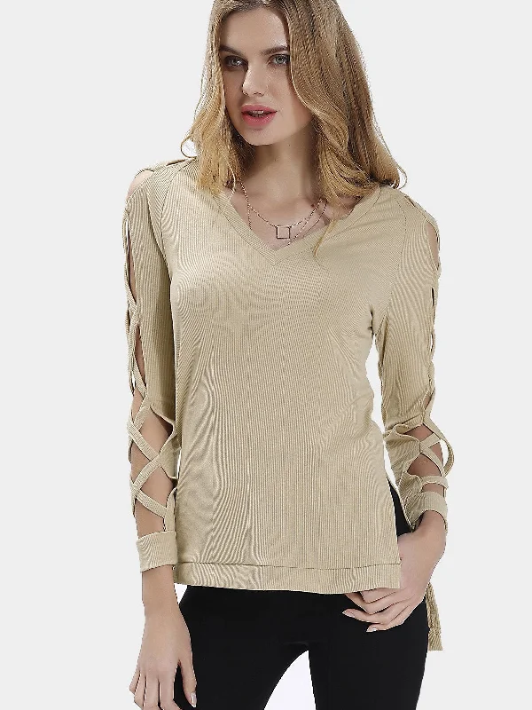 Weekend Deals That Wow Custom V-Neck Plain Long Sleeve Beige Hollow Top with Slit Hem