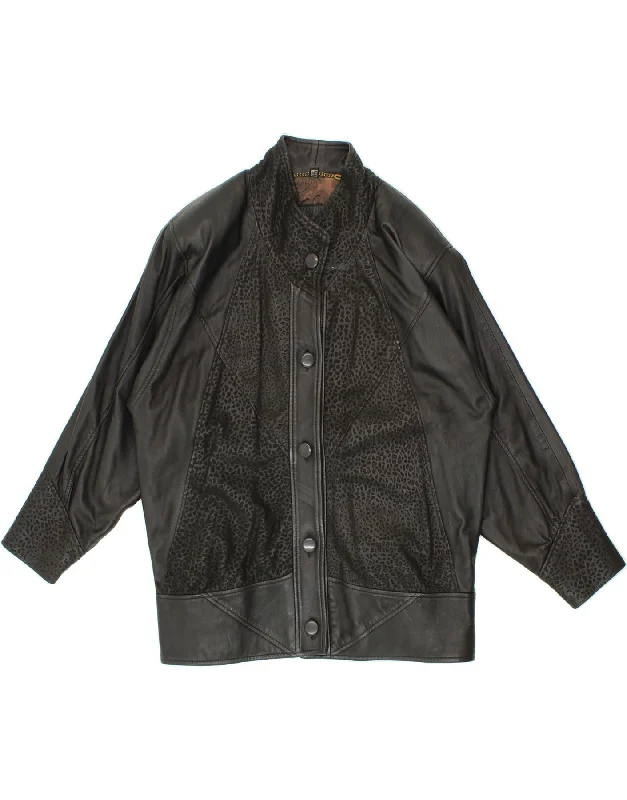 One-DAY Sale VINTAGE Womens Leather Jacket EU 38 Medium Black Animal Print Leather
