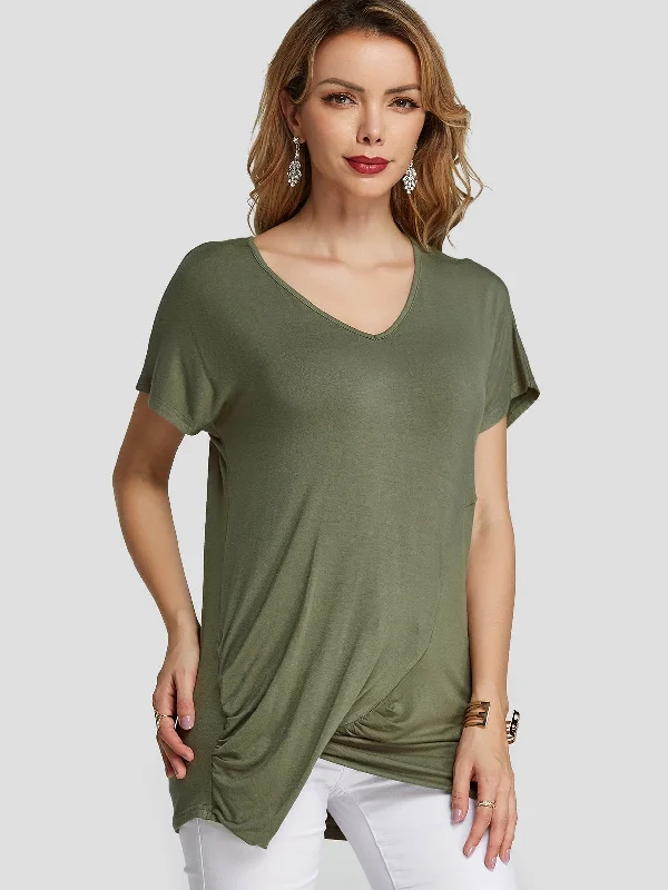 Epic Deals Custom V-Neck Pleated Short Sleeve Irregular Hem Army Green T-Shirts