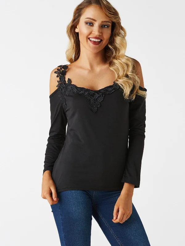Closeout Sale Custom Cold Shoulder Plain Lace Long Sleeve Black T-Shirts