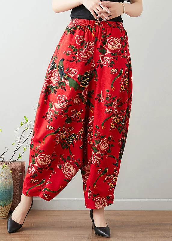 New Deal Handmade Red Print Cozy Waist Wide Pants