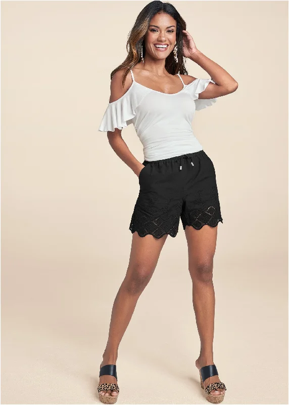 Super Bargain Crochet Trim Linen Shorts - Black