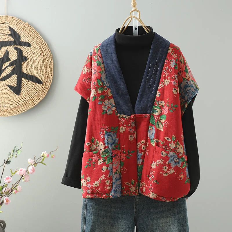 Hot Deal Retro Printed Quilted V-Neck Padded Warm Vest for Women